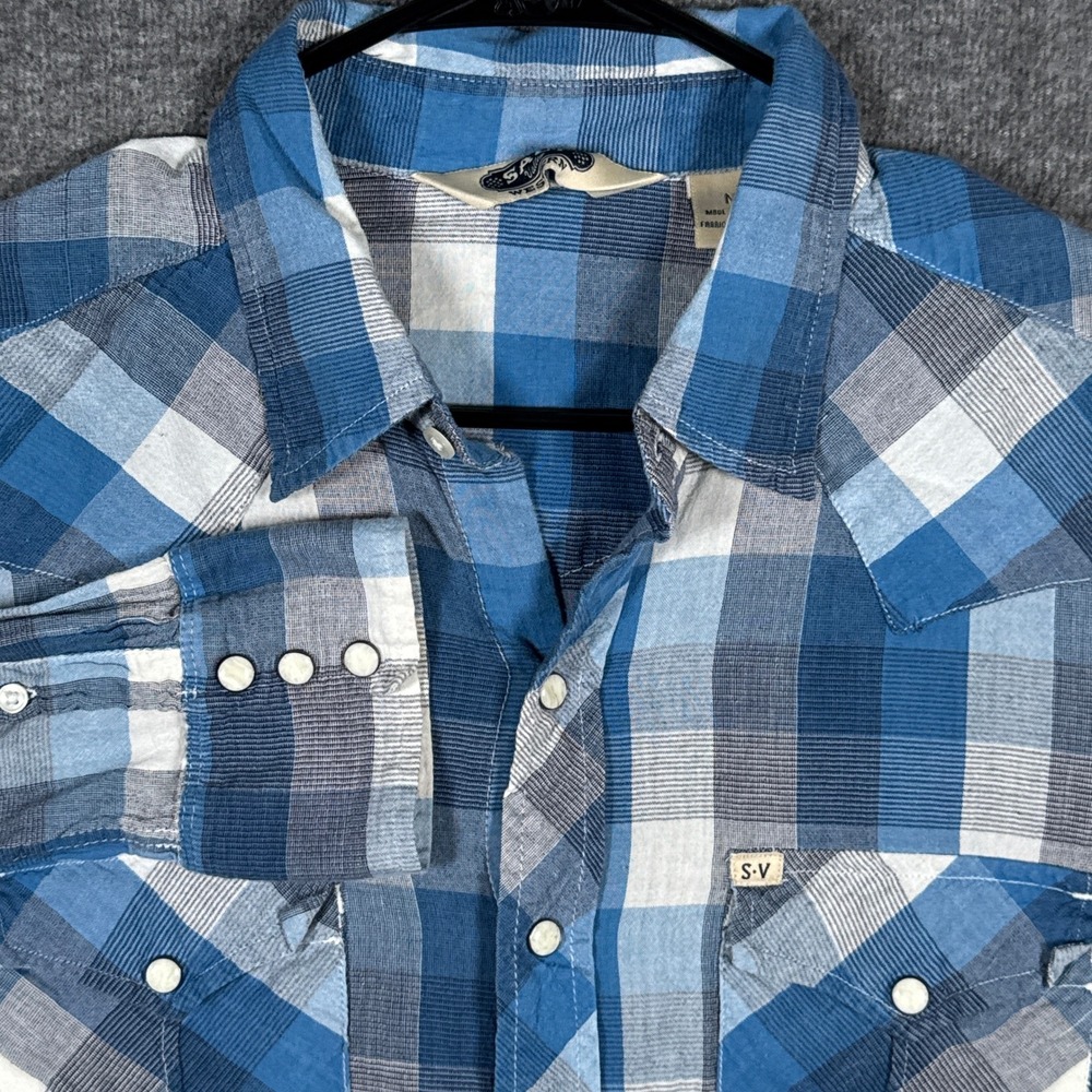 Salt Valley Western Shirt Mens Medium‎ Blue Plaid Pearl Snap Long Sleeve Cowboy